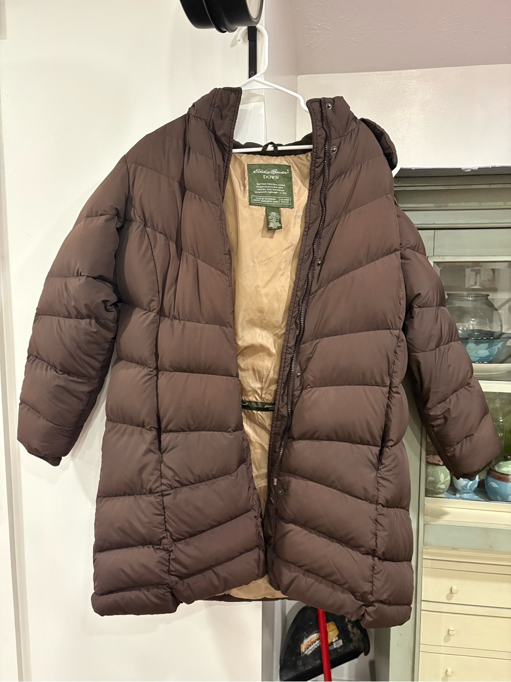Eddie Bauer Women's Dark Brown Long Packable Puffer Coat with Hood